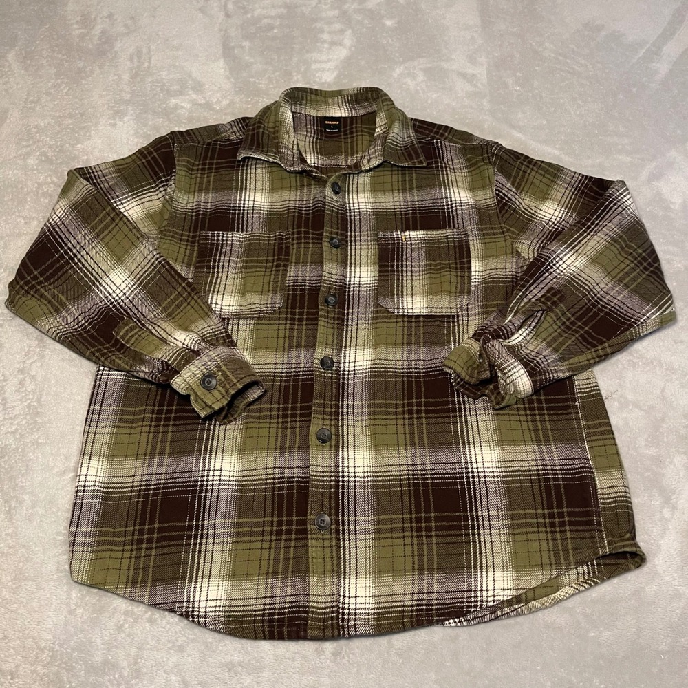 Vintage 90s Brahma Mens Large Green Brown Plaid Flannel Button Down Shirt L